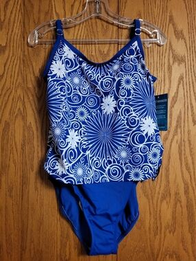 NWT Maxine of Hollywood Blue & White Faux-Tankini One Piece Swimsuit Size 16
